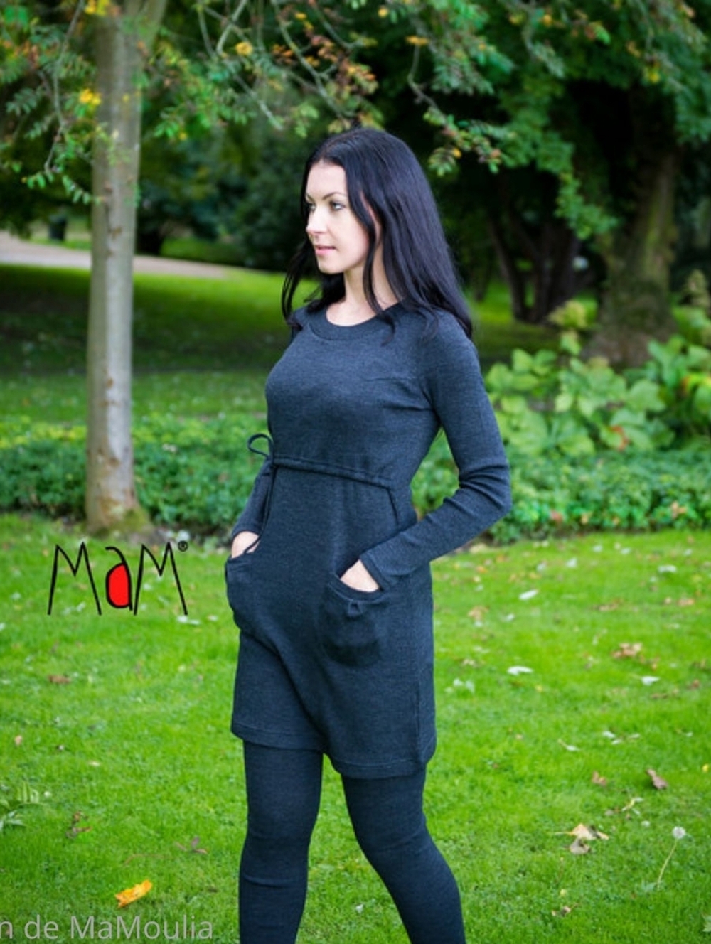 Seabreeze Teal 100% Wool Long Sleeve Pregnancy And Nursing Dress with Pockets